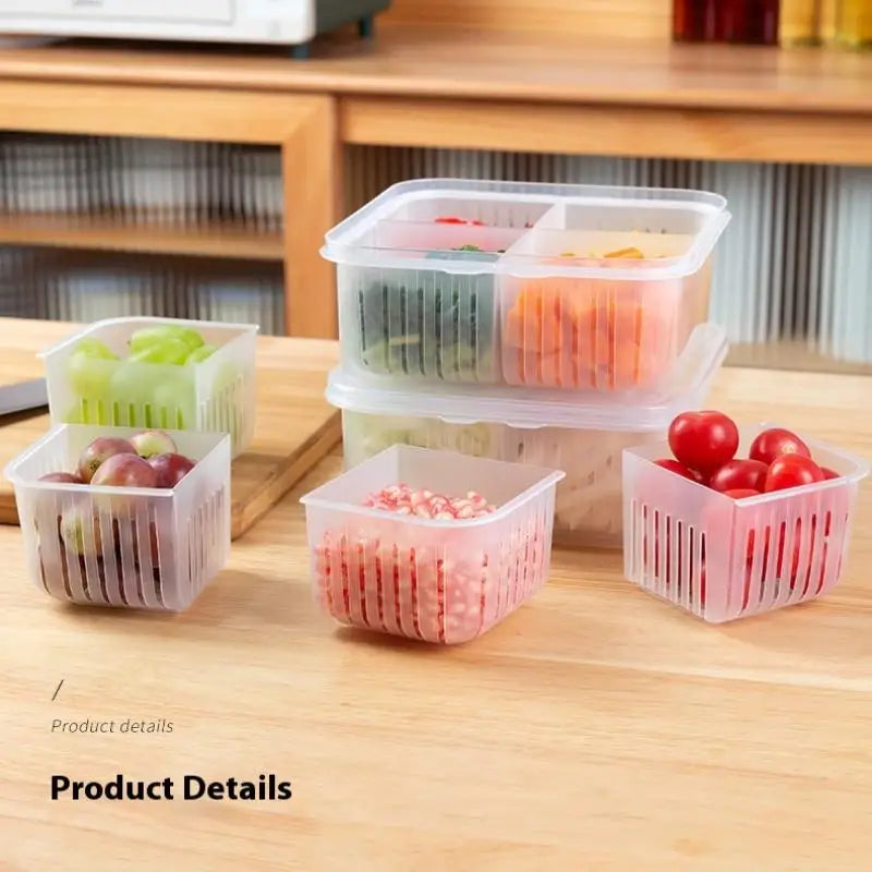 4-Grid Food Storage Box with Lid & Drain | Easy Clean Fresh Keeper for Fruits & Vegetables