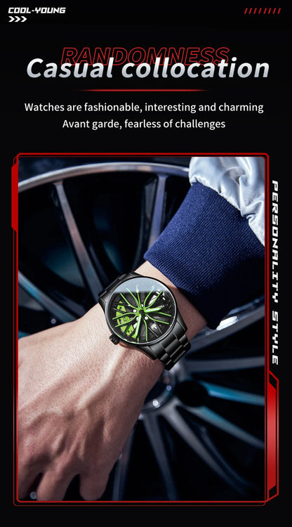 Men’s Stainless Steel Quartz Watch | Waterproof Car Wheel Rim Design Fashion Sports Watch for Men & Boys
