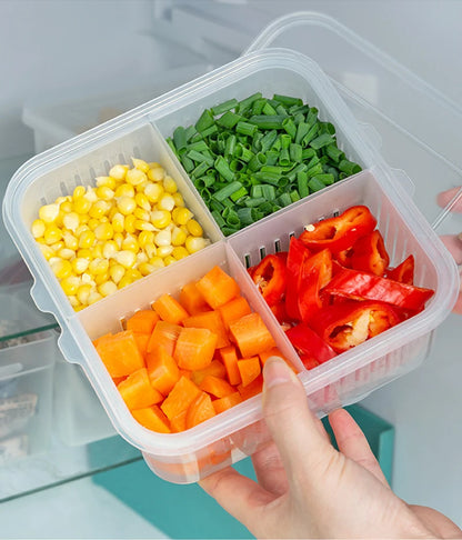 4-Grid Food Storage Box with Lid & Drain | Easy Clean Fresh Keeper for Fruits & Vegetables
