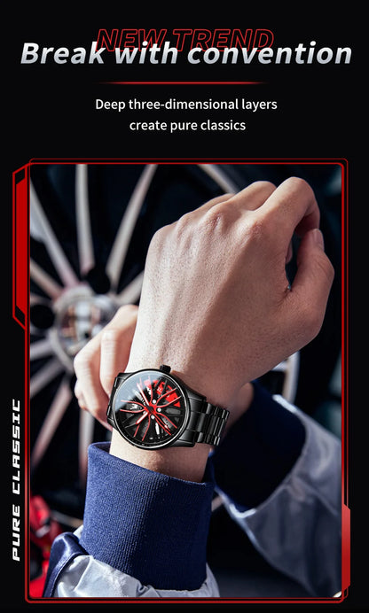 Men’s Stainless Steel Quartz Watch | Waterproof Car Wheel Rim Design Fashion Sports Watch for Men & Boys