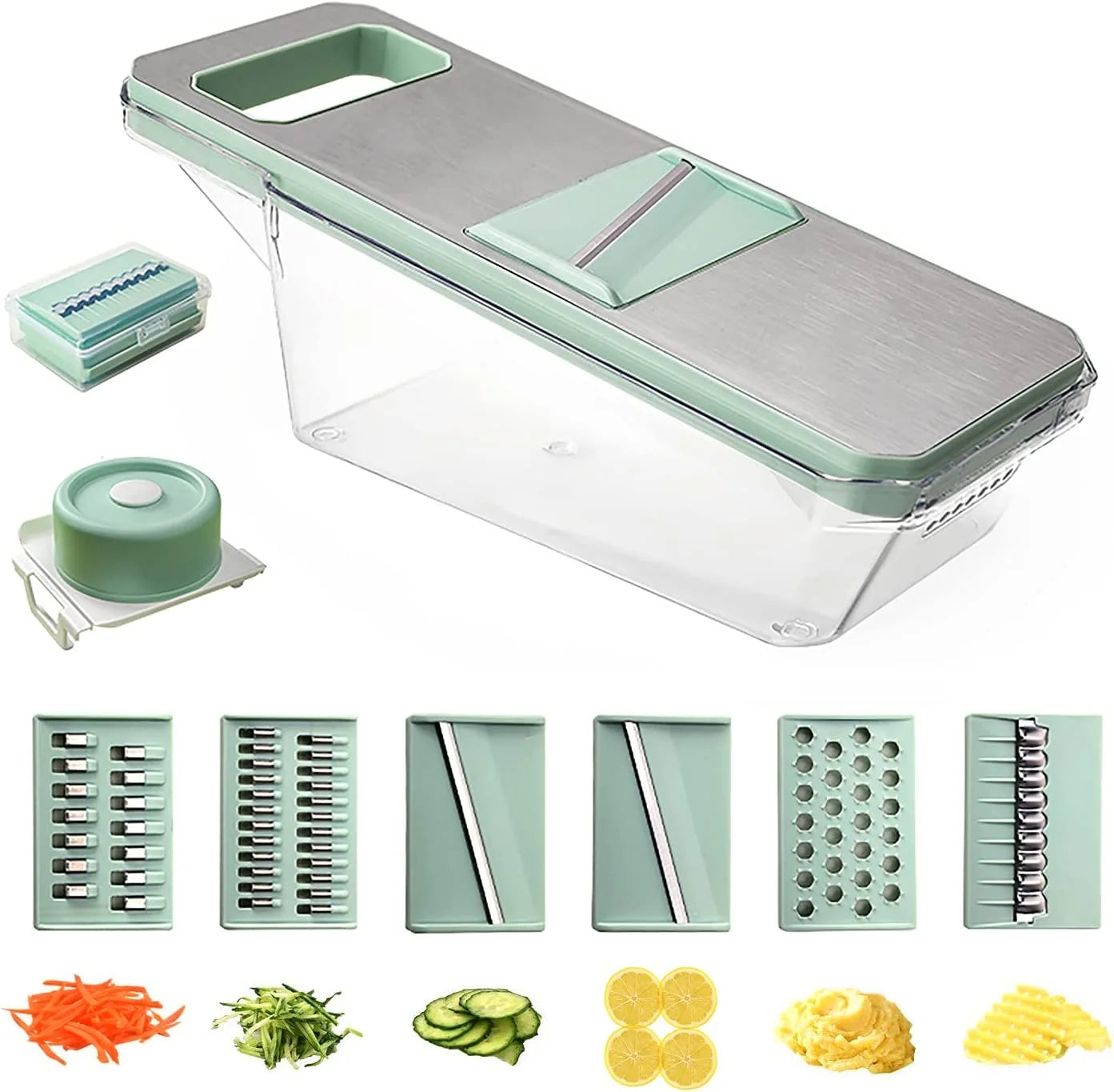 2-in-1: Multifunctional Vegetable Cutter with Detachable 6 Blades, Hand Guard, and Convenient Storage Box"