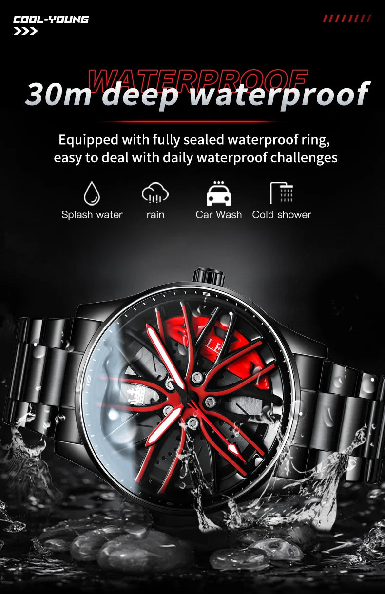 Men’s Stainless Steel Quartz Watch | Waterproof Car Wheel Rim Design Fashion Sports Watch for Men & Boys