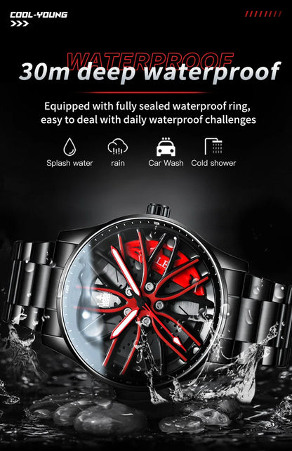 Men’s Stainless Steel Quartz Watch | Waterproof Car Wheel Rim Design Fashion Sports Watch for Men & Boys