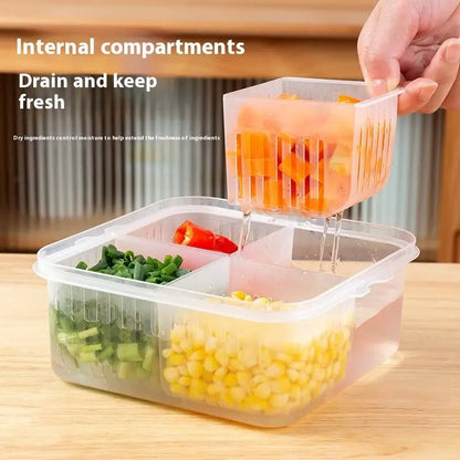 4-Grid Food Storage Box with Lid & Drain | Easy Clean Fresh Keeper for Fruits & Vegetables