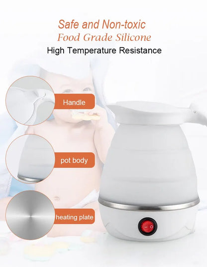 Travel Holding Foldable Electric Kettle - 1 Litre Portable Water Heater, Fast Boiling Silica Gel Teapot for Home & Travel