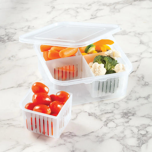 4-Grid Food Storage Box with Lid & Drain | Easy Clean Fresh Keeper for Fruits & Vegetables