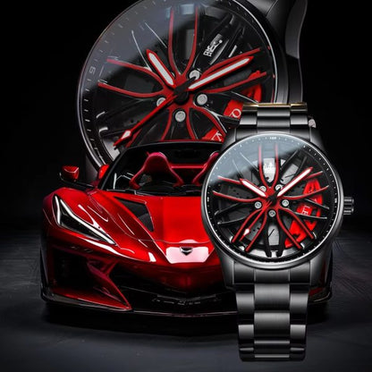 Men’s Stainless Steel Quartz Watch | Waterproof Car Wheel Rim Design Fashion Sports Watch for Men & Boys