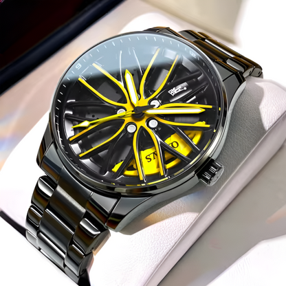 Men’s Stainless Steel Quartz Watch | Waterproof Car Wheel Rim Design Fashion Sports Watch for Men & Boys